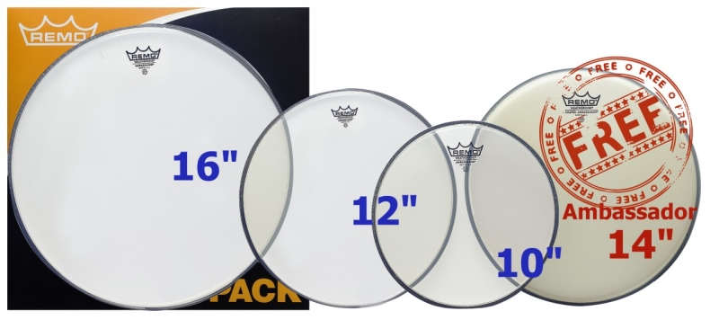 Remo Rock ProPack, Clear Ambassador 10,12,16, Free 14 Coated Ambassador  PP-2320-BA